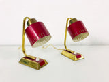 Pair of 2 Beautiful Brass and Red Metal Table Lamps, Germany, 1960s