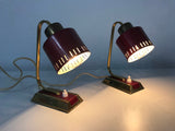 Pair of 2 Beautiful Brass and Red Metal Table Lamps, Germany, 1960s