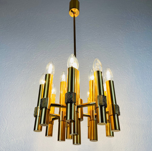 Brass 12-Arm Chandelier by Gaetano Sciolari, Italy, 1960s