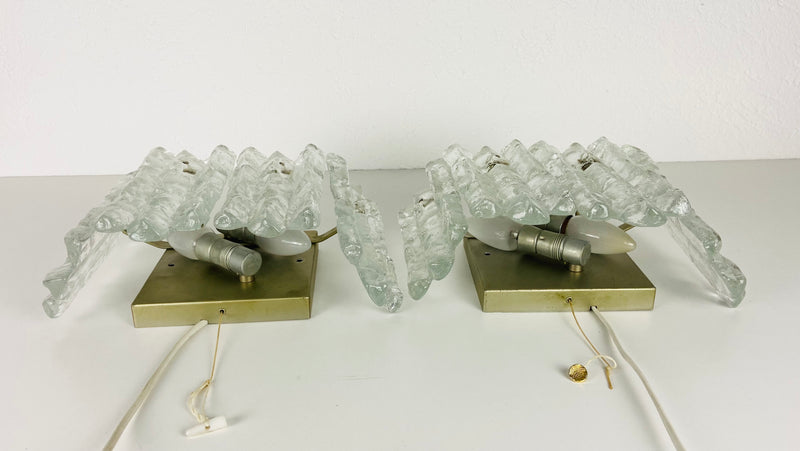 Pair of Frosted Ice Glass Wall Lamps by Kalmar, Austria, 1960s