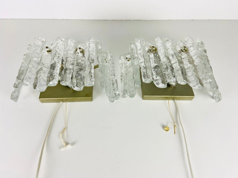 Pair of Frosted Ice Glass Wall Lamps by Kalmar, Austria, 1960s