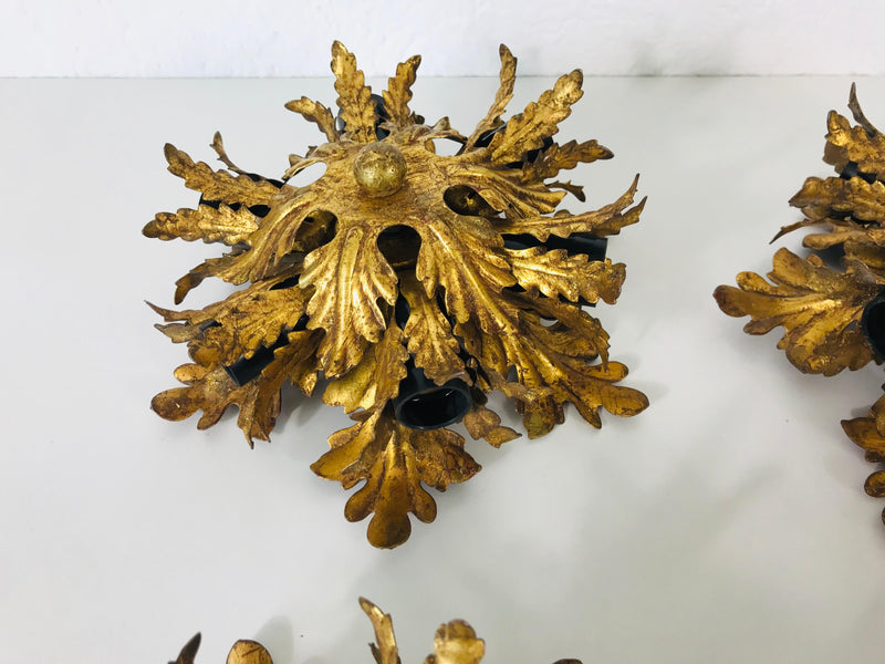 Set of 3 Golden Florentine Flower Shape Flushmounts by Banci, Italy, 1970s