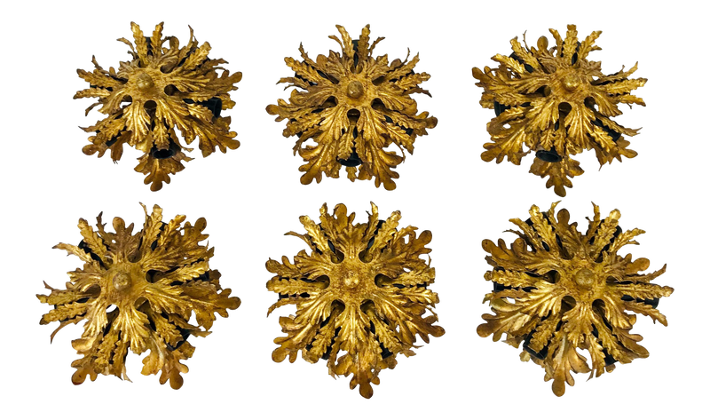 Set of 3 Golden Florentine Flower Shape Flushmounts by Banci, Italy, 1970s