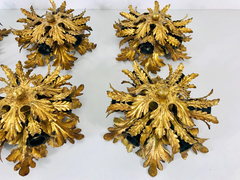 Set of 3 Golden Florentine Flower Shape Flushmounts by Banci, Italy, 1970s