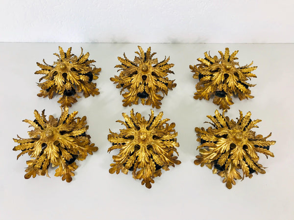 Set of 3 Golden Florentine Flower Shape Flushmounts by Banci, Italy, 1970s