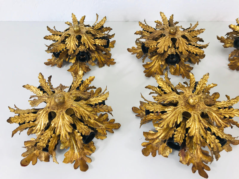 Set of 3 Golden Florentine Flower Shape Flushmounts by Banci, Italy, 1970s