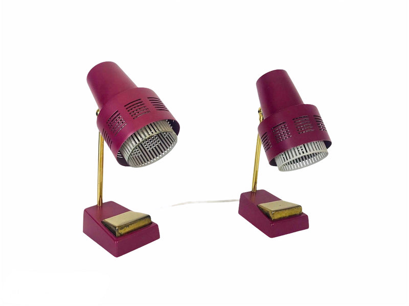Pair of 2 Beautiful Brass and Red Metal Table Lamps, Germany, 1960s