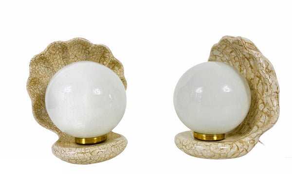 Very Rare Set of 2 Shell Shaped White Opaline Wall Lamps, Germany, 1960s