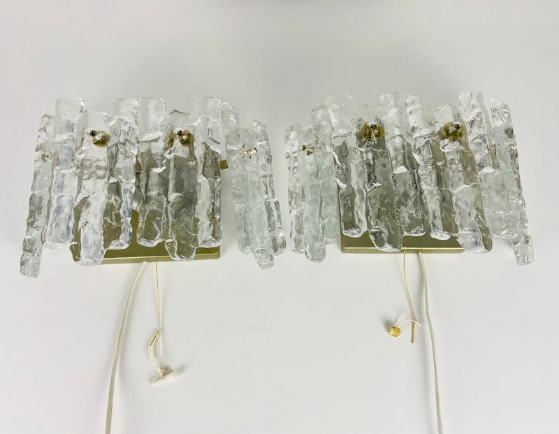 Pair of Frosted Ice Glass Wall Lamps by Kalmar, Austria, 1960s