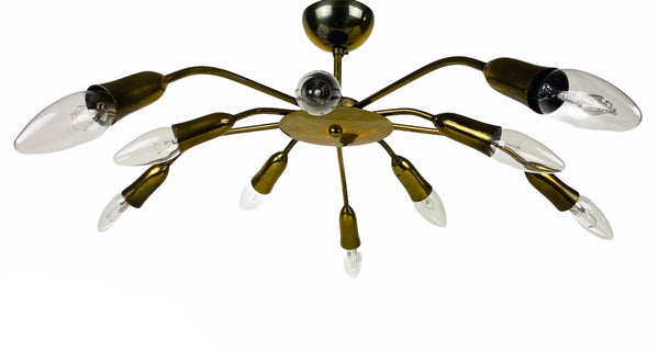 Italian Midcentury Brass 10-Arm Sputnik Chandelier Arredoluce Attributed, 1950s