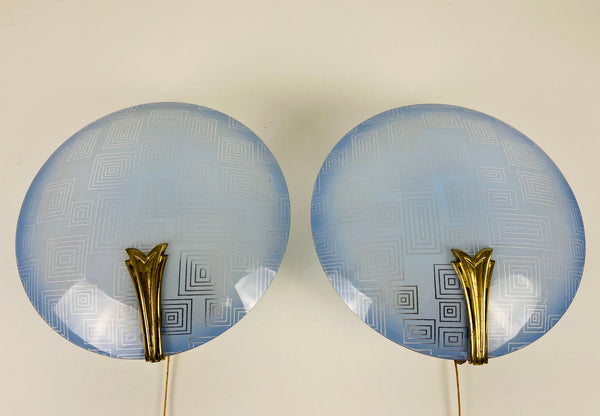 Pair of 2 Brass and Blue Glass Sconces, 1960s, Germany