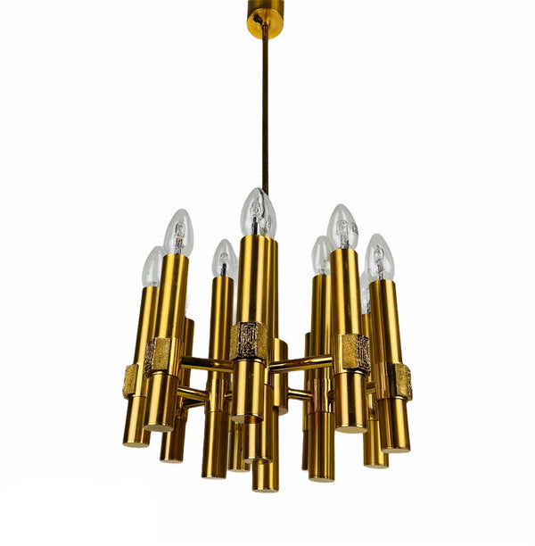 Brass 12-Arm Chandelier by Gaetano Sciolari, Italy, 1960s