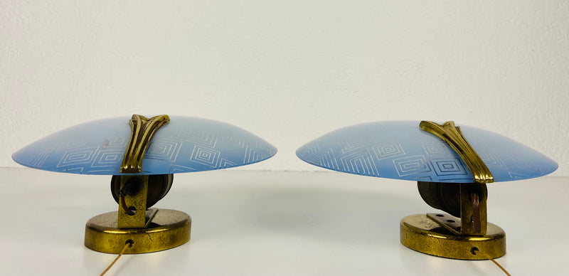 Pair of 2 Brass and Blue Glass Sconces, 1960s, Germany