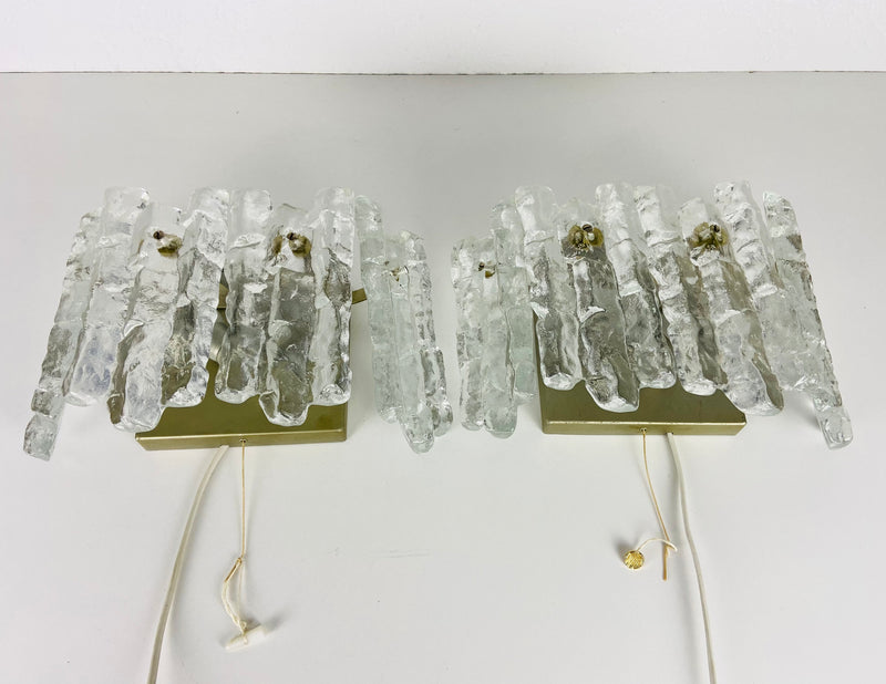 Pair of Frosted Ice Glass Wall Lamps by Kalmar, Austria, 1960s