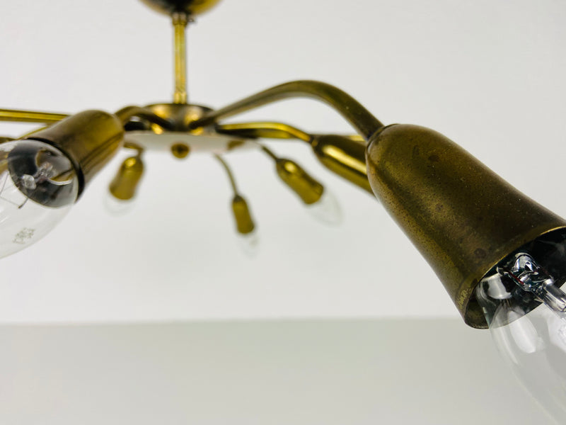 Italian Midcentury Brass 10-Arm Sputnik Chandelier Arredoluce Attributed, 1950s