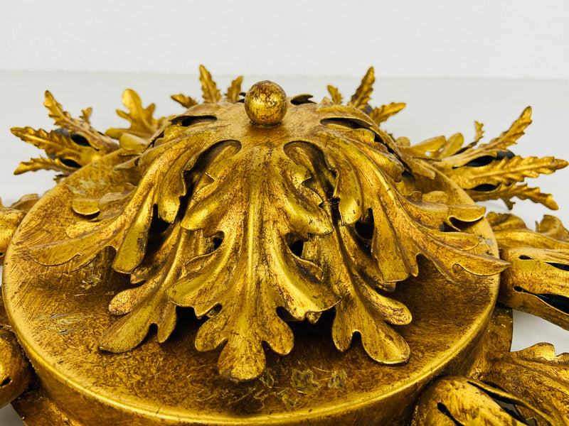 Set of 2 Golden Florentine Flower Shape Flushmounts by Banci, Italy, 1970s