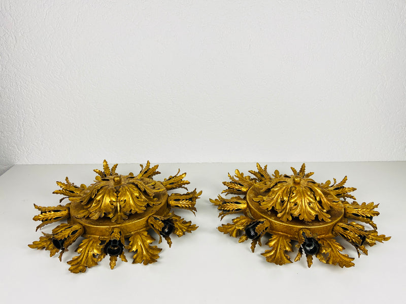 Set of 2 Golden Florentine Flower Shape Flushmounts by Banci, Italy, 1970s