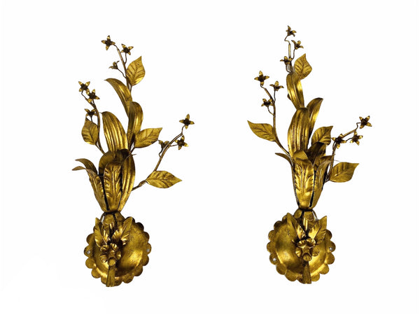 Set of 2 Golden Florentine Flower Shape Wall Lamps by Banci, Italy, 1970s