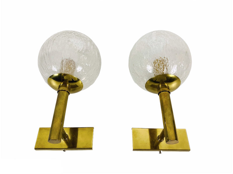 Pair of Brass and Ice Glass Wall Lamps by Hillebrand, Germany, 1960s