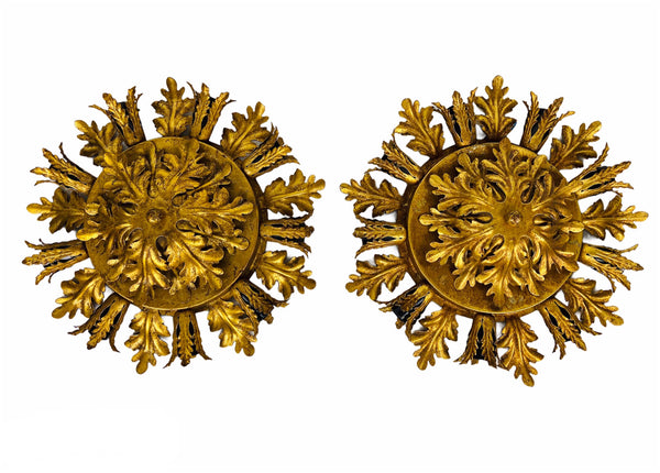 Set of 2 Golden Florentine Flower Shape Flushmounts by Banci, Italy, 1970s