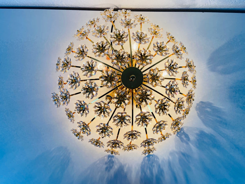 Gilt Brass and Crystal Glass Flush Mount by Palwa, Germany, 1970s