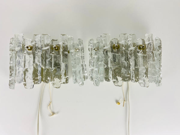 Pair of Frosted Ice Glass Wall Lamps by Kalmar, Austria, 1960s