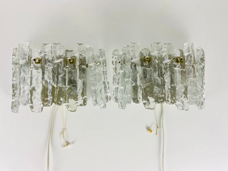 Pair of Frosted Ice Glass Wall Lamps by Kalmar, Austria, 1960s