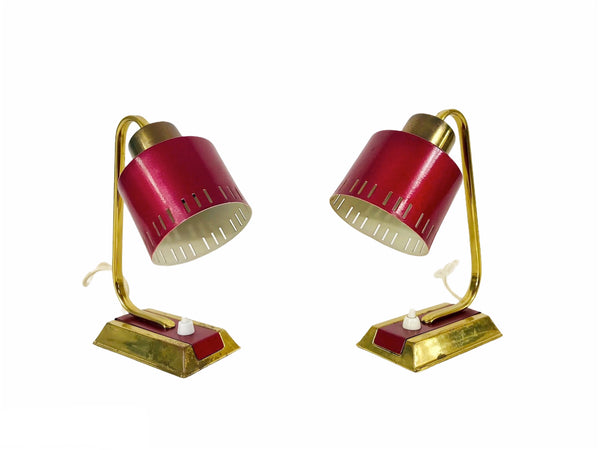 Pair of 2 Beautiful Brass and Red Metal Table Lamps, Germany, 1960s