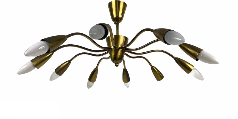 Italian Midcentury Brass 10-Arm Sputnik Chandelier Arredoluce Attributed, 1950s