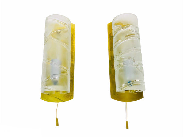 Pair of Brass and Ice Glass Wall Lamps by Doria, Germany, 1960s