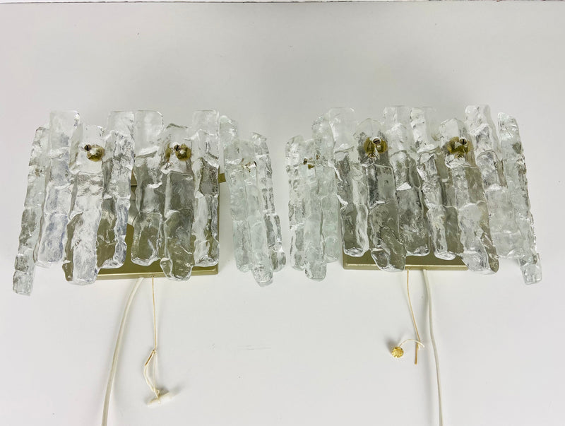 Pair of Frosted Ice Glass Wall Lamps by Kalmar, Austria, 1960s