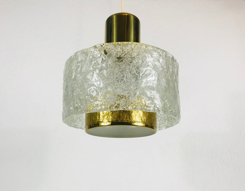 Kaiser Mid Century Brass and Ice Glass Chandelier, Germany, 1960s