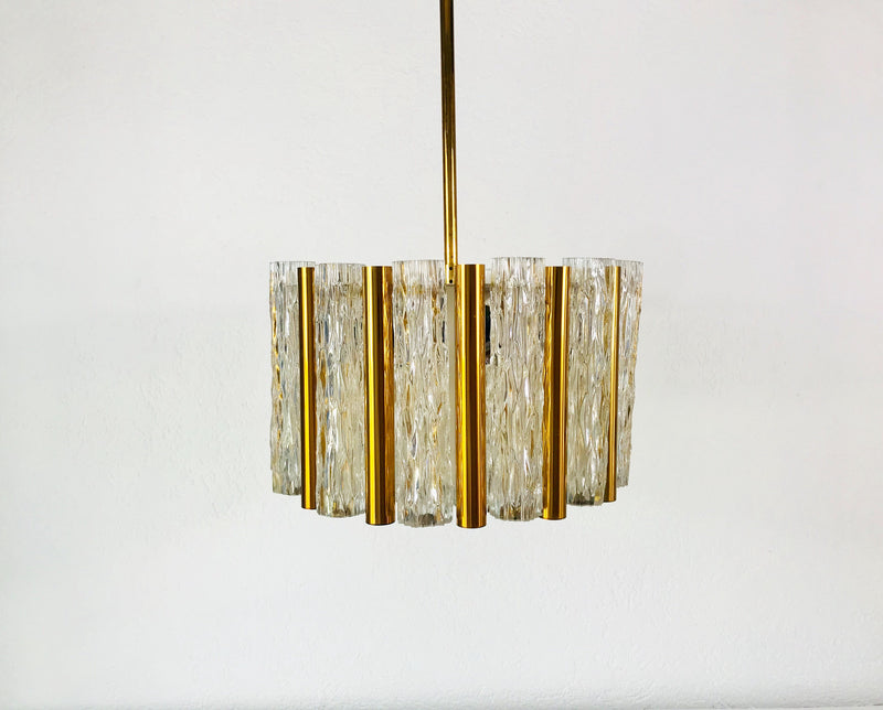 Brass and Ice Glass Chandelier by Kaiser Mid Century, Germany, 1960s