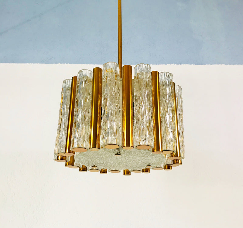 Brass and Ice Glass Chandelier by Kaiser Mid Century, Germany, 1960s