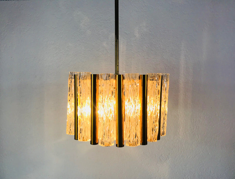 Brass and Ice Glass Chandelier by Kaiser Mid Century, Germany, 1960s