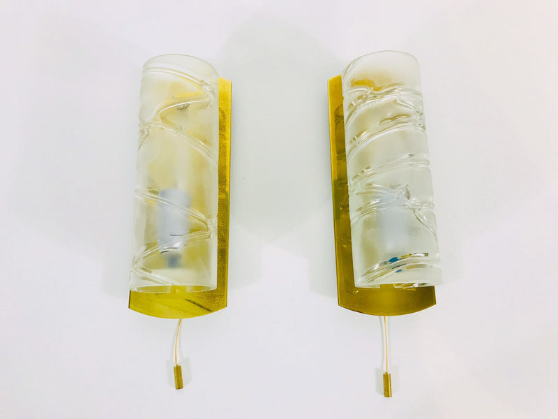 Pair of Brass and Ice Glass Wall Lamps by Doria, Germany, 1960s