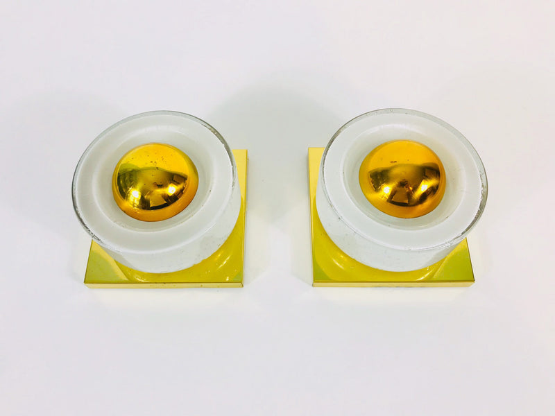 Pair of 2 Mid Century Brass and Ice Glass Wall Lamps by Limburg, Germany, 1960s