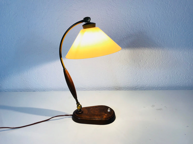 Art Deco Wood and Brass Table Lamp, Germany, 1940s