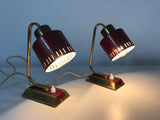 Pair of 2 Beautiful Brass and Red Metal Table Lamps, Germany, 1960s