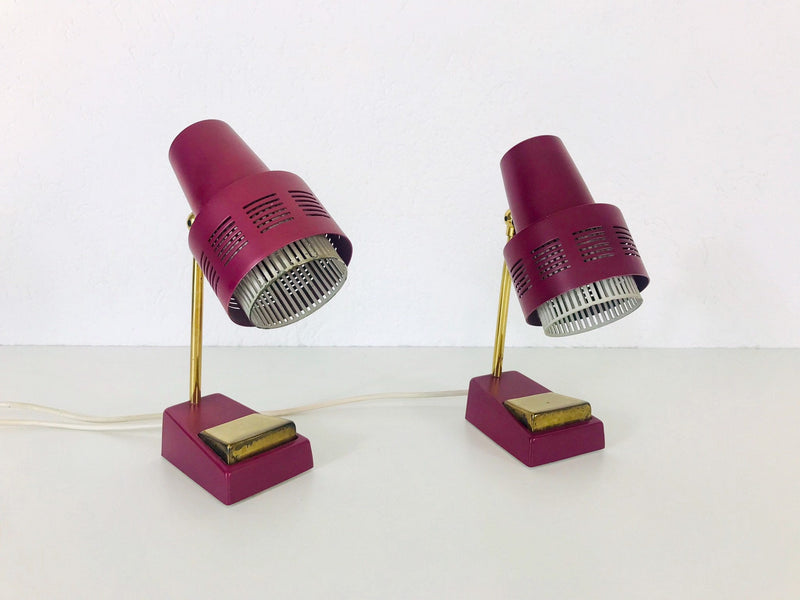 Pair of 2 Beautiful Brass and Red Metal Table Lamps, Germany, 1960s
