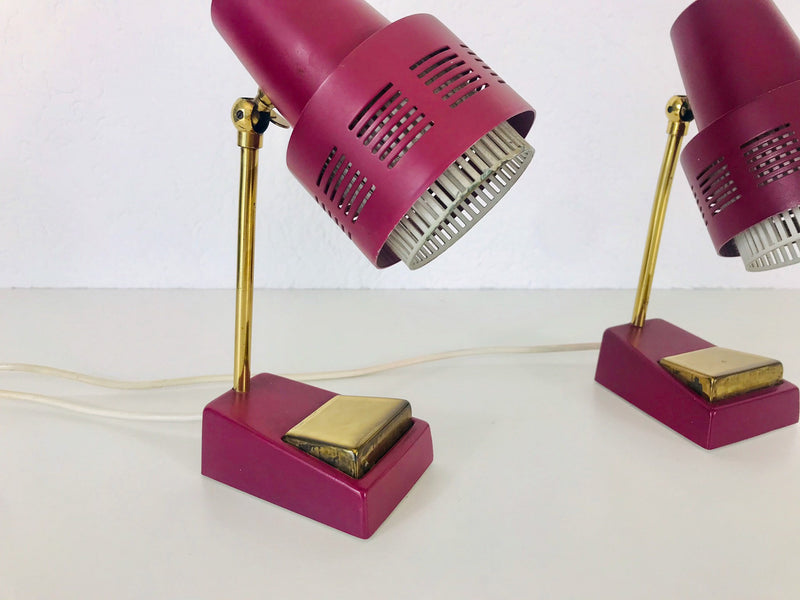 Pair of 2 Beautiful Brass and Red Metal Table Lamps, Germany, 1960s
