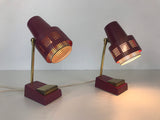 Pair of 2 Beautiful Brass and Red Metal Table Lamps, Germany, 1960s
