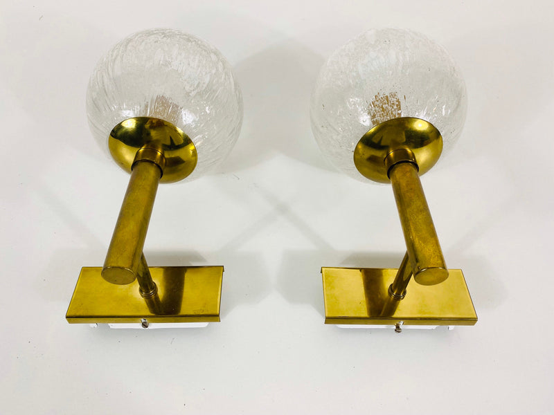 Pair of Brass and Ice Glass Wall Lamps by Hillebrand, Germany, 1960s
