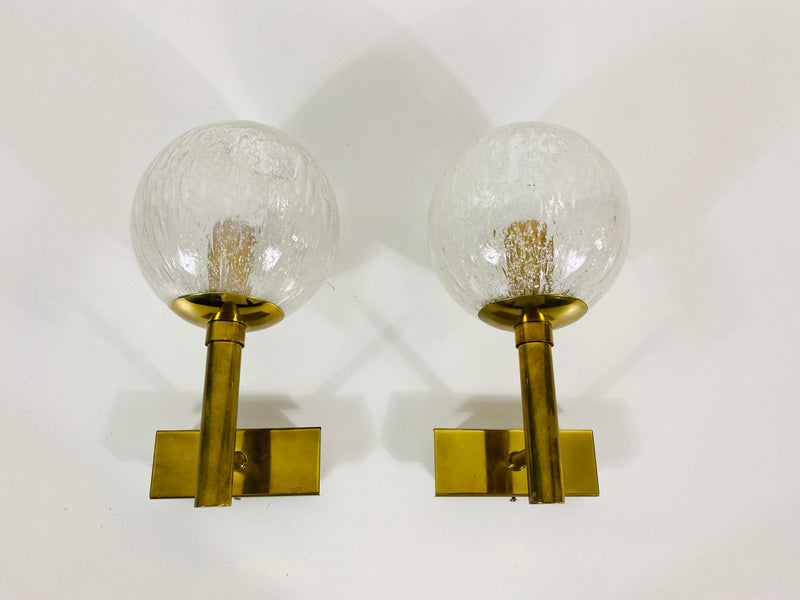 Pair of Brass and Ice Glass Wall Lamps by Hillebrand, Germany, 1960s