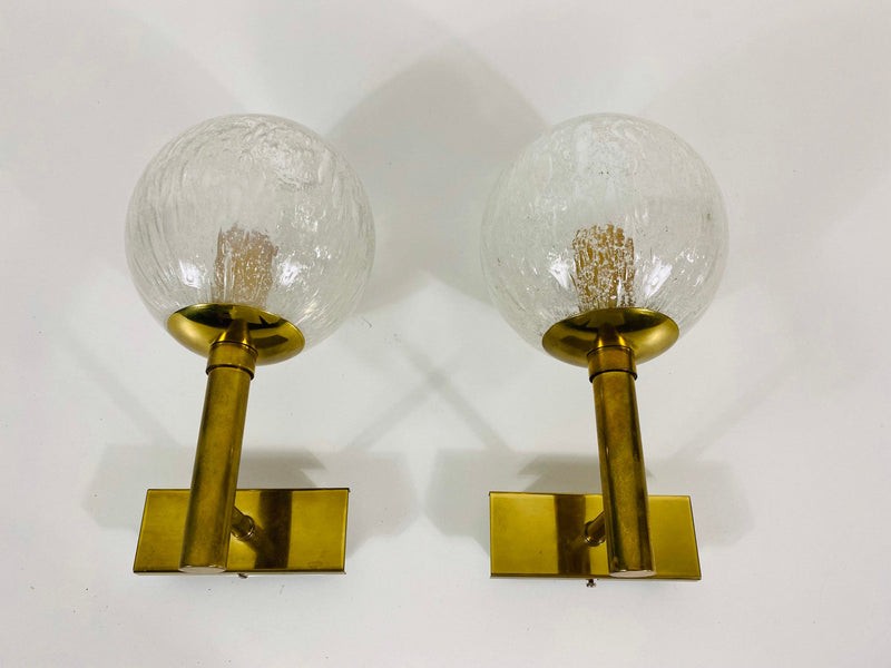 Pair of Brass and Ice Glass Wall Lamps by Hillebrand, Germany, 1960s