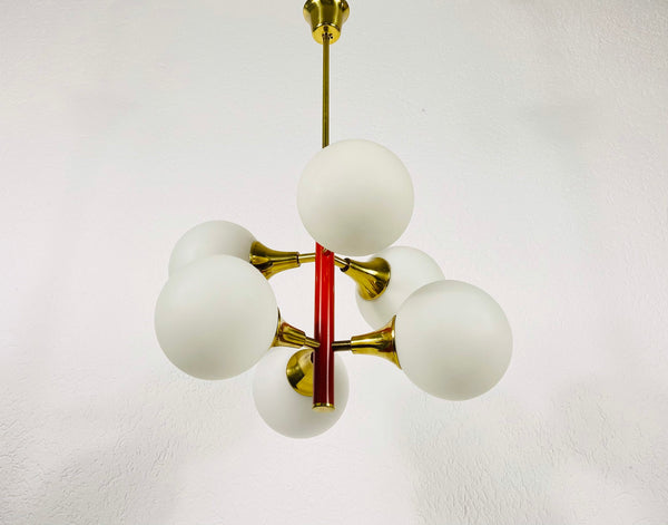 Mid-Century 6-Arm Red Ceiling Lamp from Kaiser, Germany, 1960s
