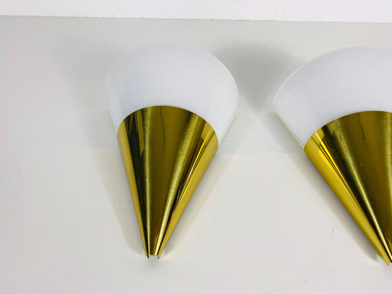 Pair of Brass and Ice Glass Wall Lamps by Limburg, Germany, 1960s