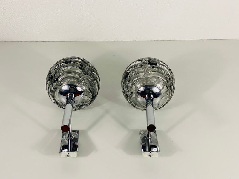 Set of 2 Chrome and Ice Glass Wall Lamps by Doria, Germany, 1960s