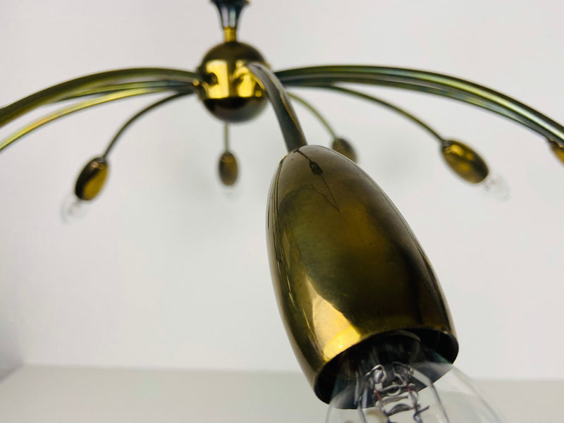 Italian Midcentury Brass 10-Arm Sputnik Chandelier Arredoluce Attributed, 1950s