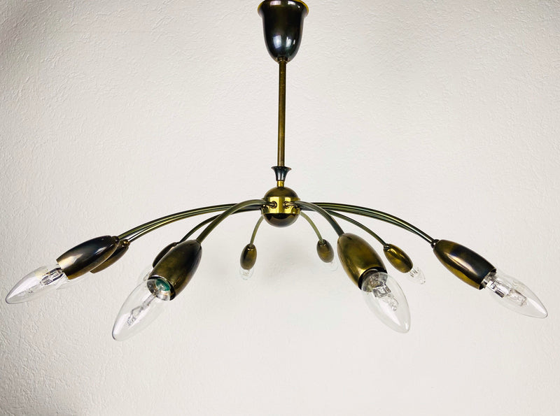 Italian Midcentury Brass 10-Arm Sputnik Chandelier Arredoluce Attributed, 1950s